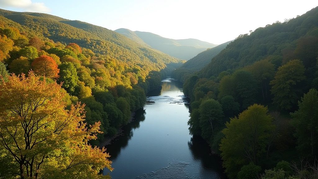 Elevated view of green valley with winding river path through woodland, autumn trees in golden light reflecting in water below
