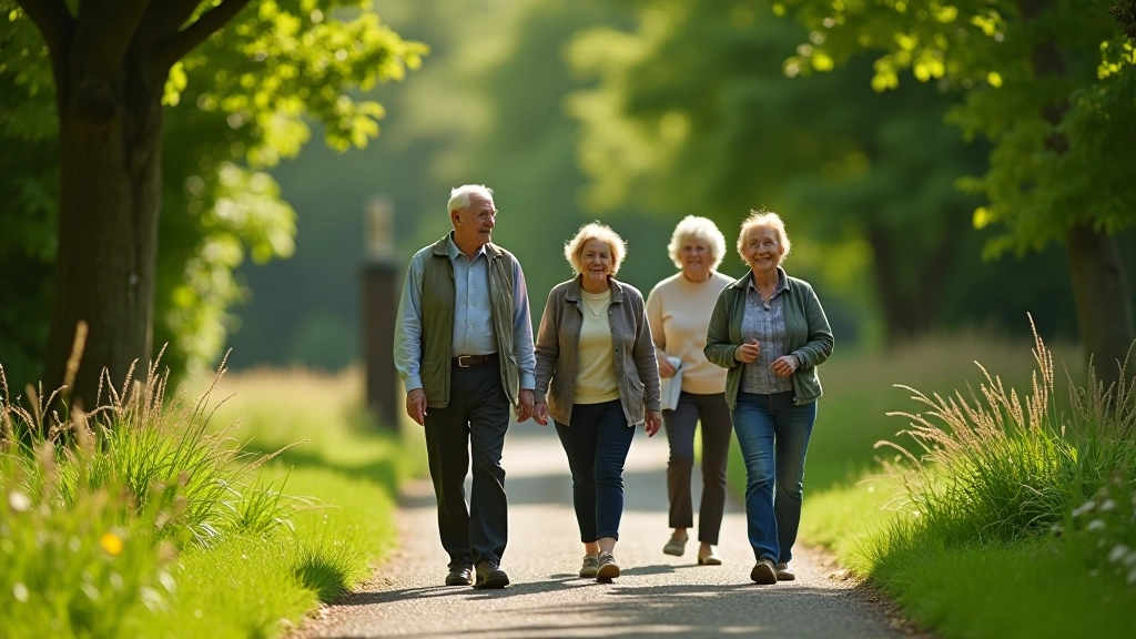 Seniors enjoying a leisurely walk along a scenic riverside path in nature