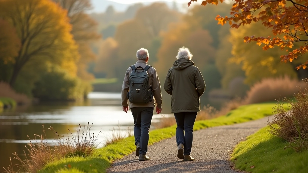 Happy seniors enjoying riverside walk in natural landscape