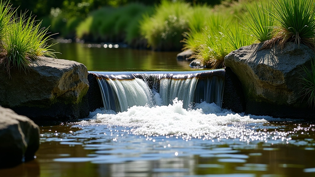 Water flowing over a weir with natural landscape in background near Wicklow