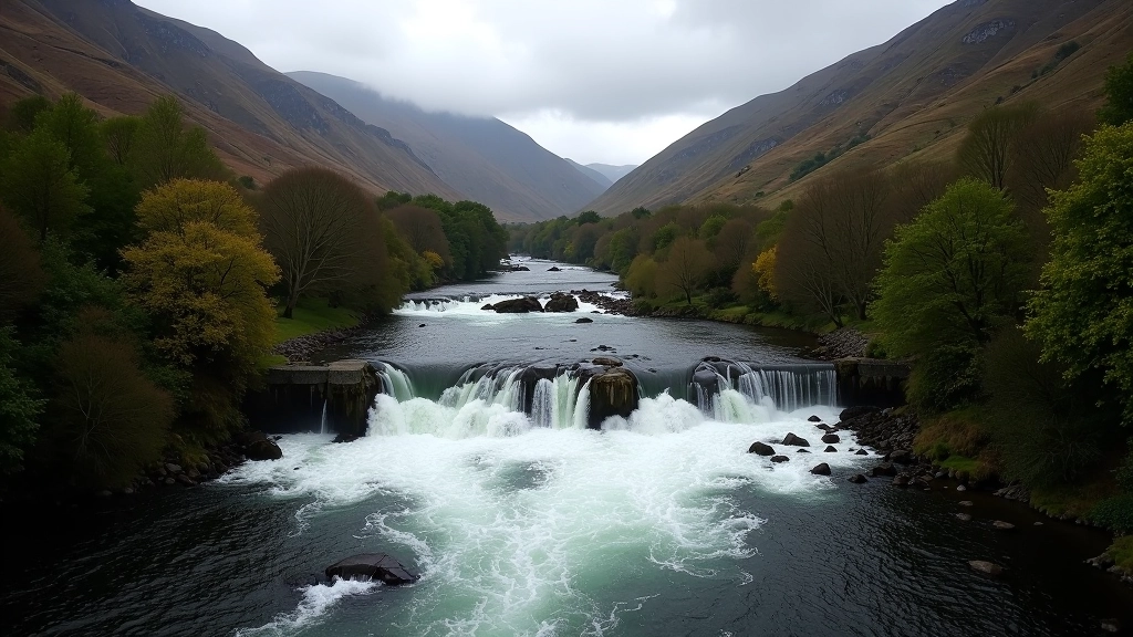 Upper valley weir with fast-flowing water and surrounding valley landscape showing trees and hillsides