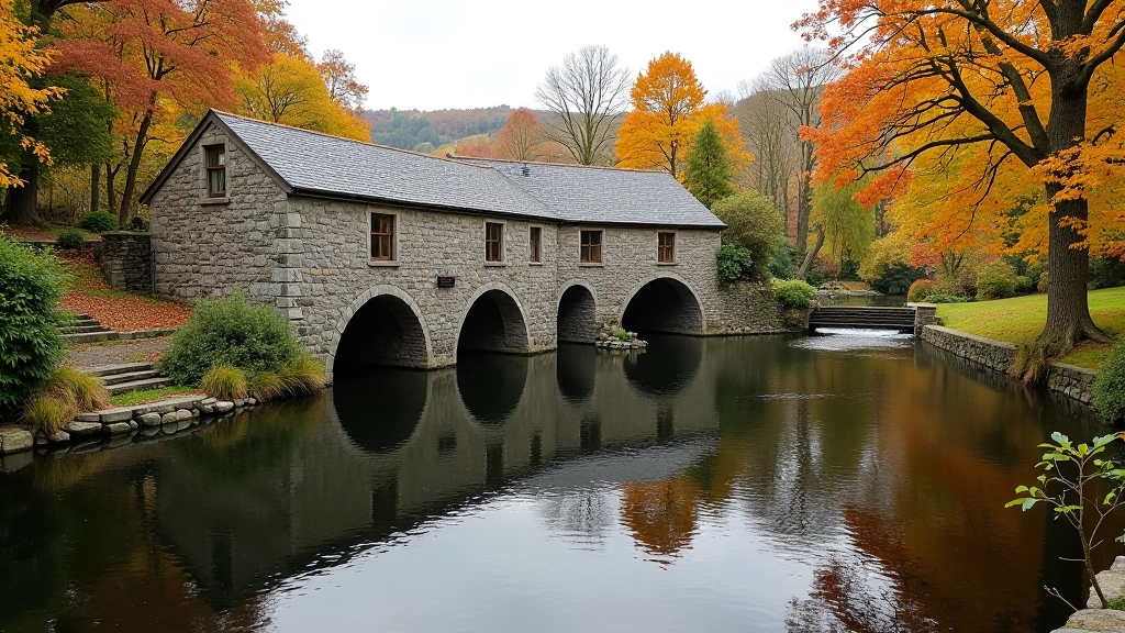 Serene mill pond with stone structures and peaceful water reflection in Wicklow valley