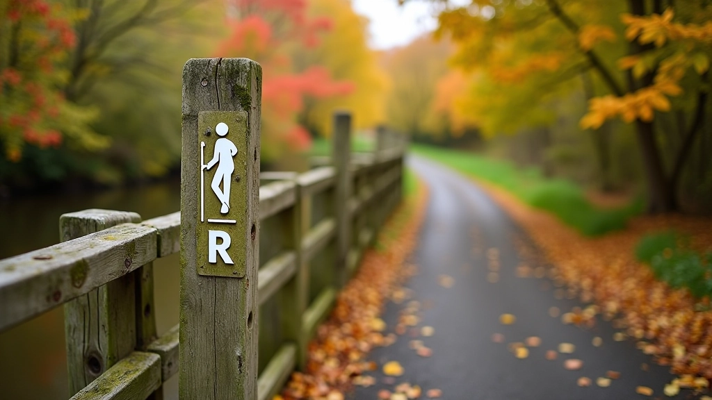 Walking trail signage and wooden fence posts along riverside path with autumn foliage